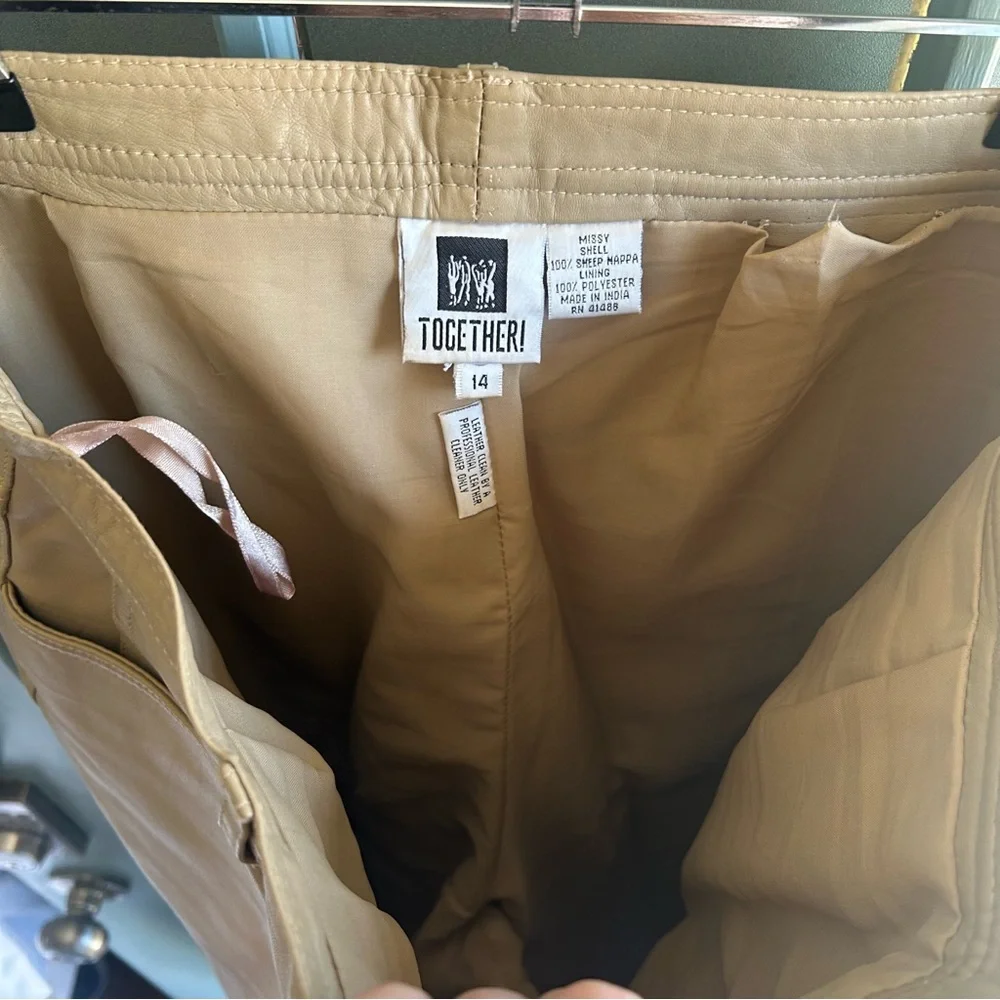 Vintage 80s Together Sheep Nappa Genuine Leather Straight Leg Pants Beige Tan 14